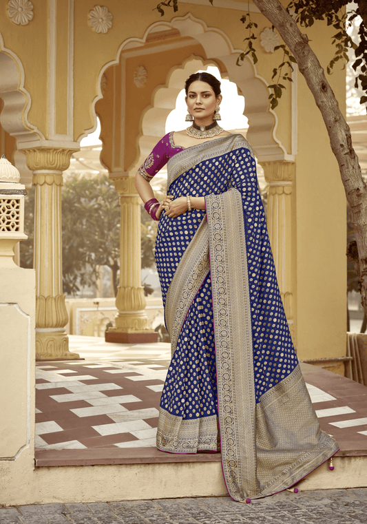 Dhiyona KM Women Royal Blue Banarasi Silk Saree With Zari Weaving