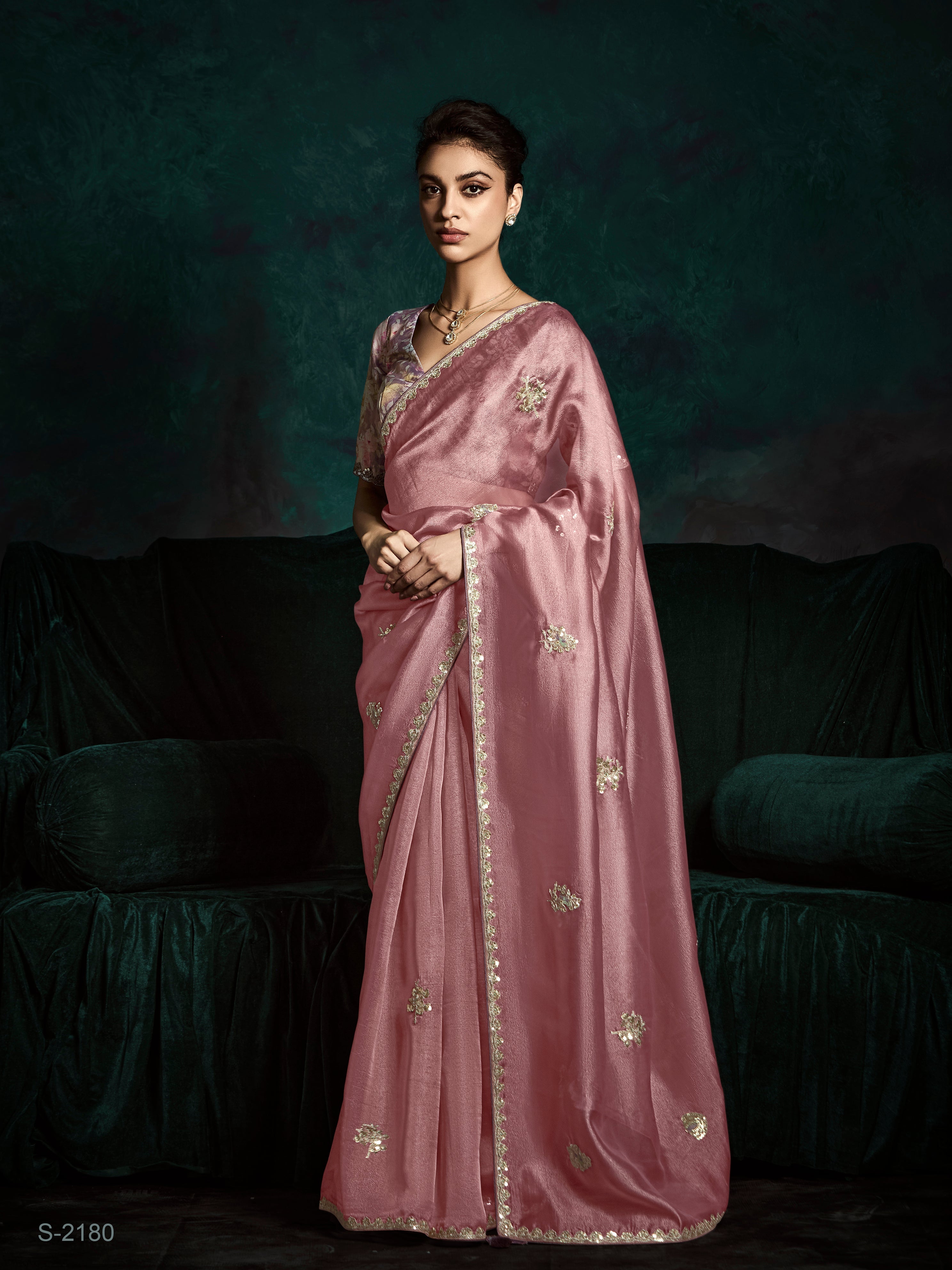 Dhiyona KM Women Graceful Pink Pure Tissue Silk Saree With Sequins & Thread Embroidered Butti Work