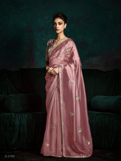 Dhiyona KM Women Graceful Pink Pure Tissue Silk Saree With Sequins & Thread Embroidered Butti Work
