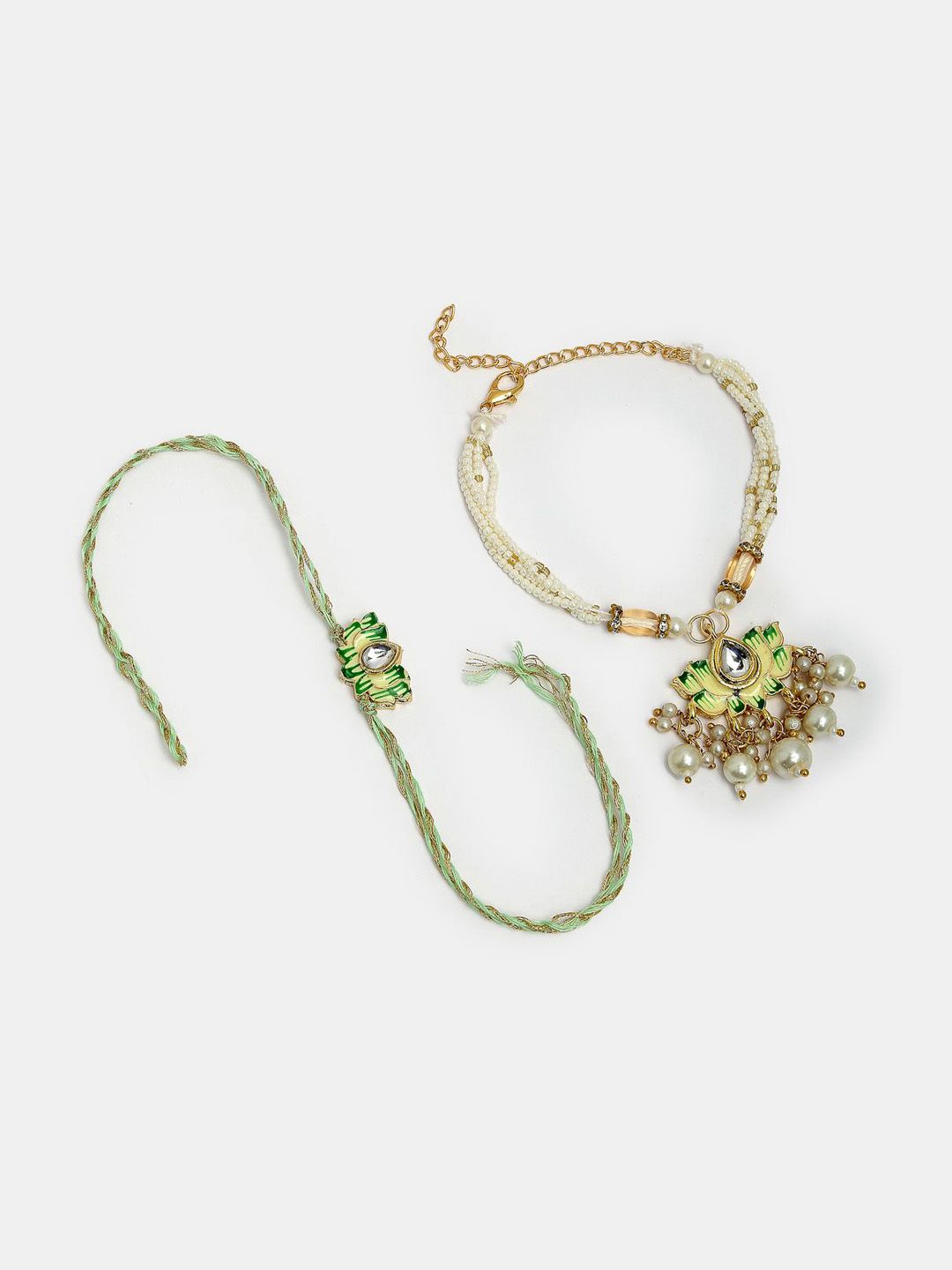 Dhiyona Unisex Set Of 2 Green Lotus Shape Kundan-Studded & Beaded Wraparound Rakhi Set