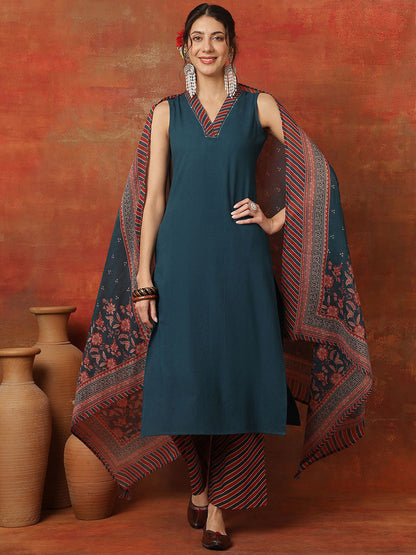 Women V-Neck A-Line Calf Length Kurta & Palazzos With Dupatta