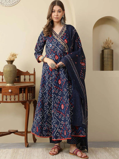 Women Printed Angrakha Thread Work Pure Cotton Kurta with Trousers & With Dupatta