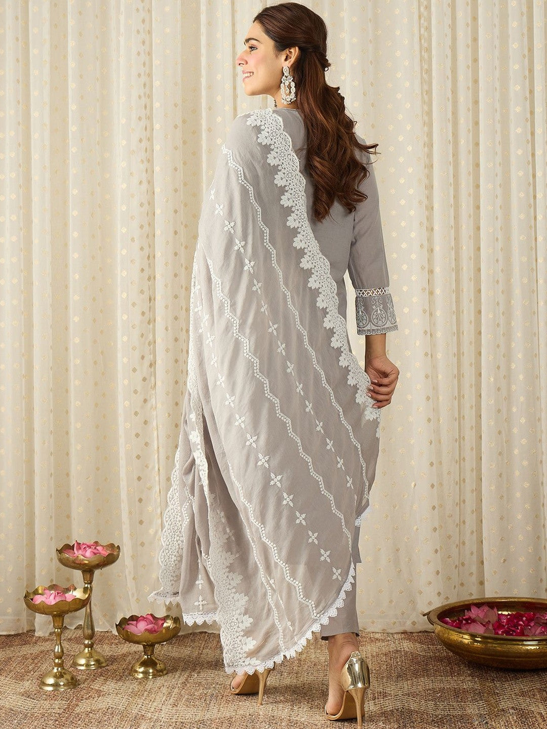 Women Ethnic Motifs Embroidered Regular Chikankari Pure Cotton Kurta with Trousers & With Dupatta