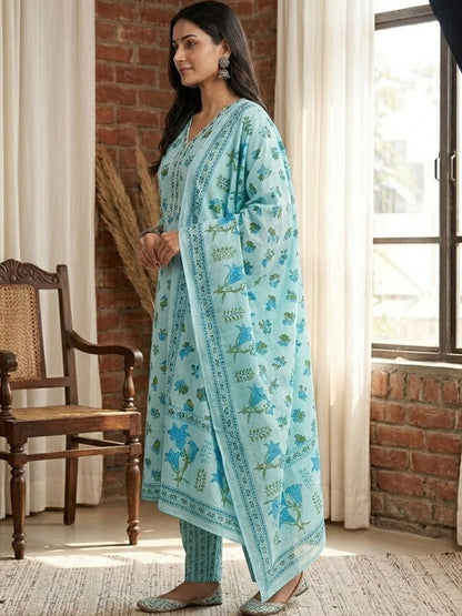 Women Floral Printed Empire Pure Cotton Kurta with Trousers & With Dupatta