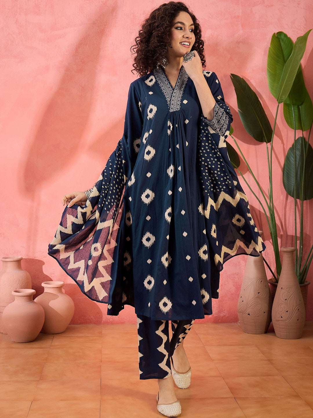 Printed Pure Cotton V-Neck Kurta & Trousers Kurta Set