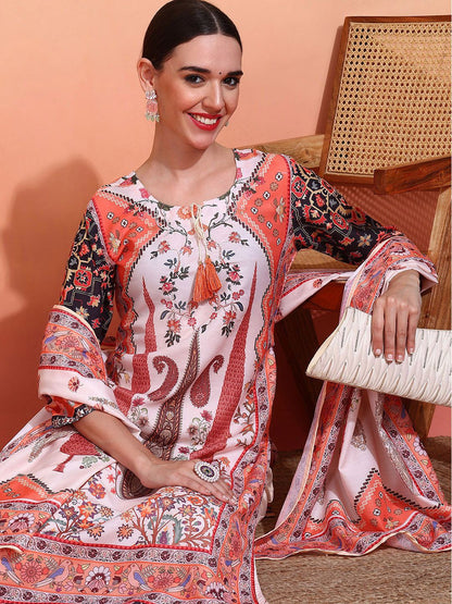 Dhiyona IS Women's Ethnic Motifs Printed Tie-Up Neck Straight Kurta With Trousers & Dupatta