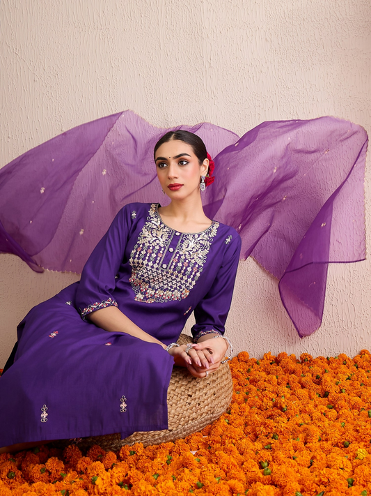 Women's Purple Embroidered Straight Kurta Trousers With Dupatta Set