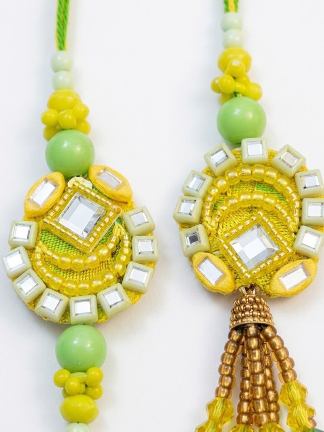 Dhiyona Set Of 2 Artificial Beads Mirror Work Bhaiya Bhabhi Rakhi With Roli Chawal Chandan