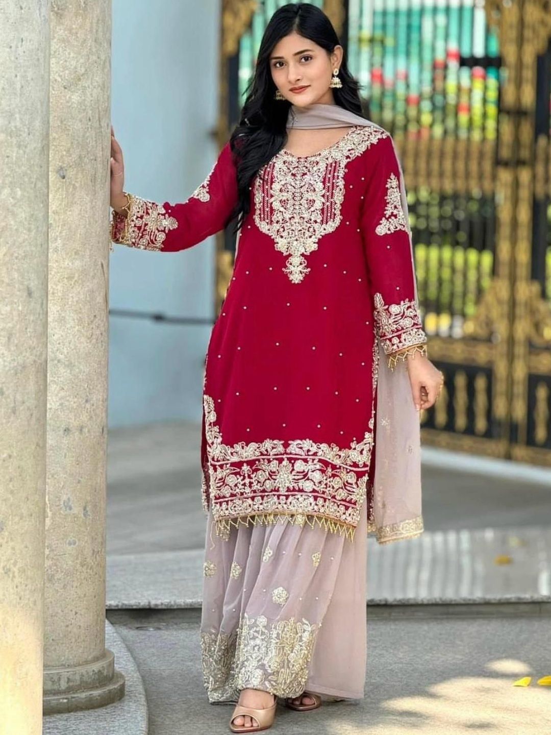 Dhiyona KL Women Embroidered Regular Sequinned Kurta with Sharara & With Dupatta