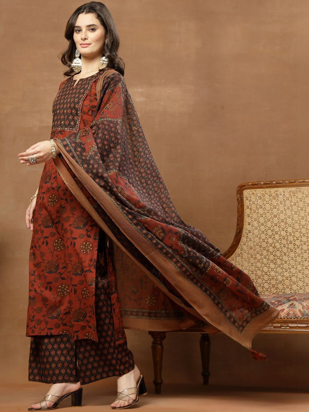 Printed Pure Cotton Round Neck Kurta & Palazzos With Dupatta