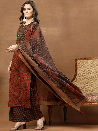 Printed Pure Cotton Round Neck Kurta & Palazzos With Dupatta