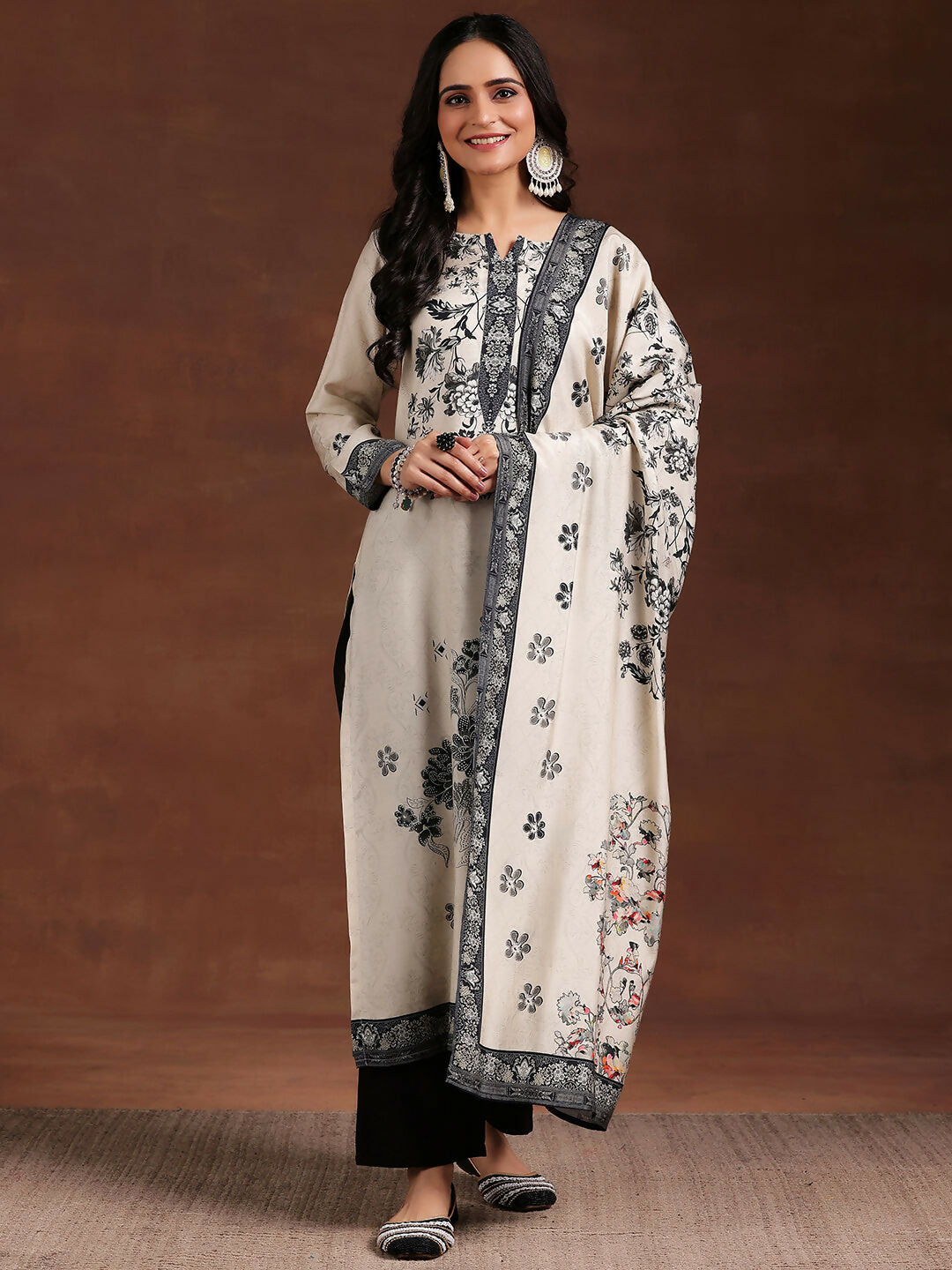 Women's LB Monochrome Printed Silk Blend Straight Suit With Dupatta