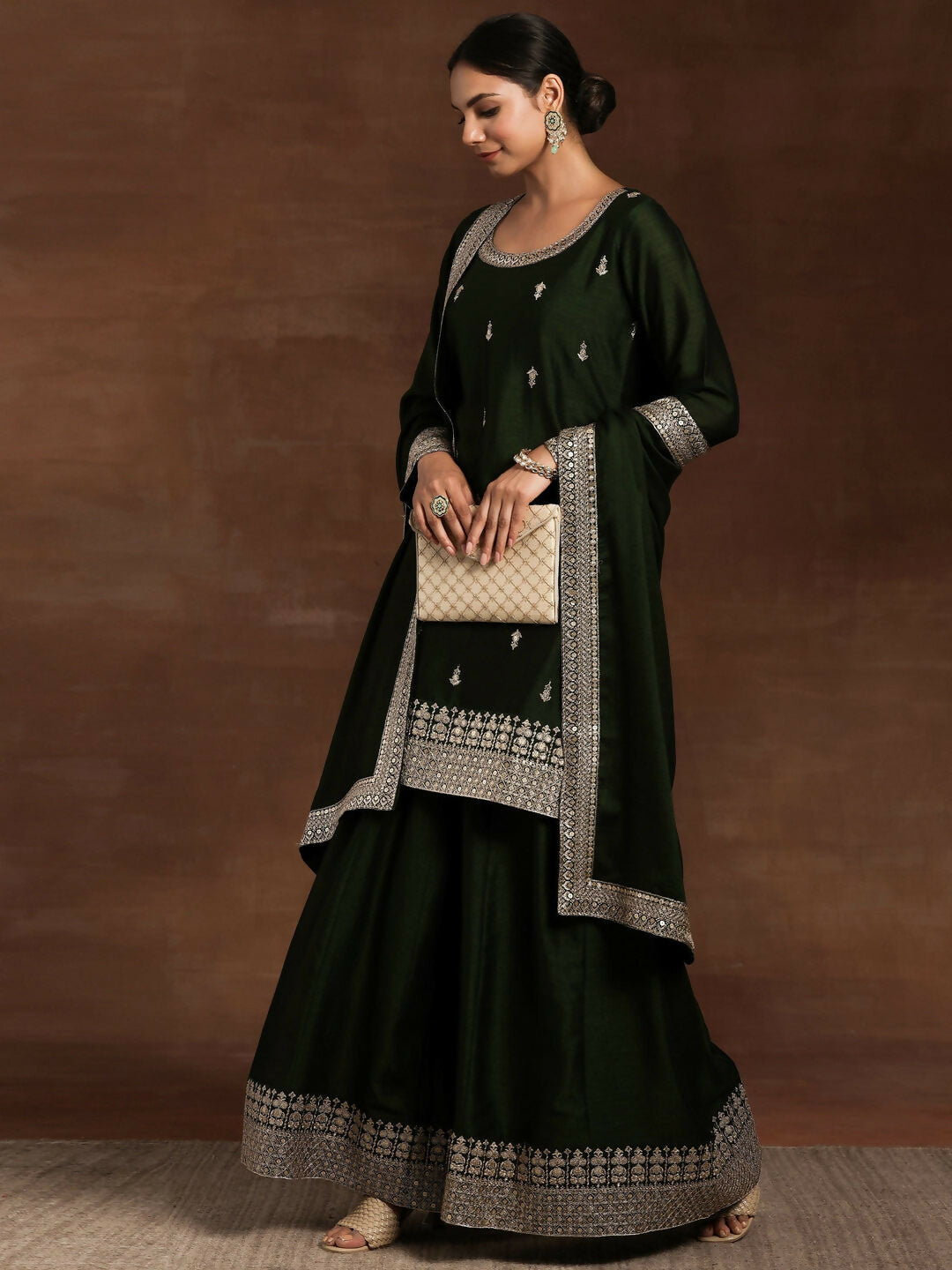 Women's LB Green Embroidered Silk Blend Straight Suit With Dupatta