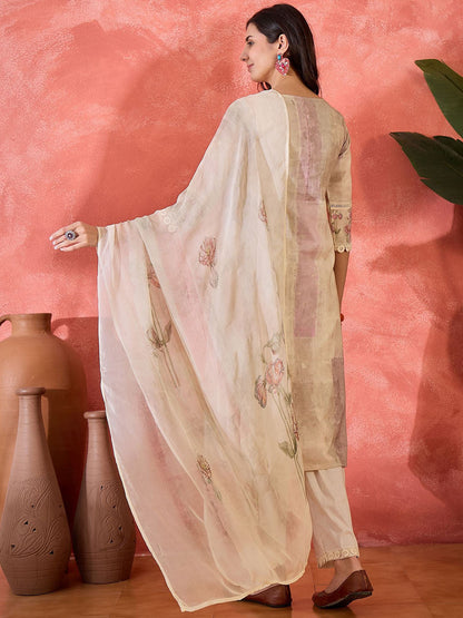 Women Floral Embroidered Linen Kurta with Trousers & Dupatta