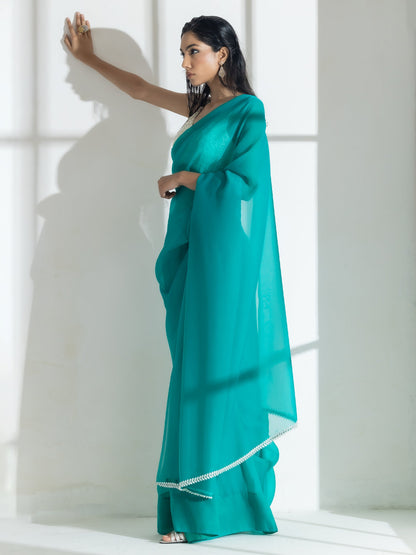 Dhiyona ST Topaz Super Soft Organza Saree with Pearl Leaves