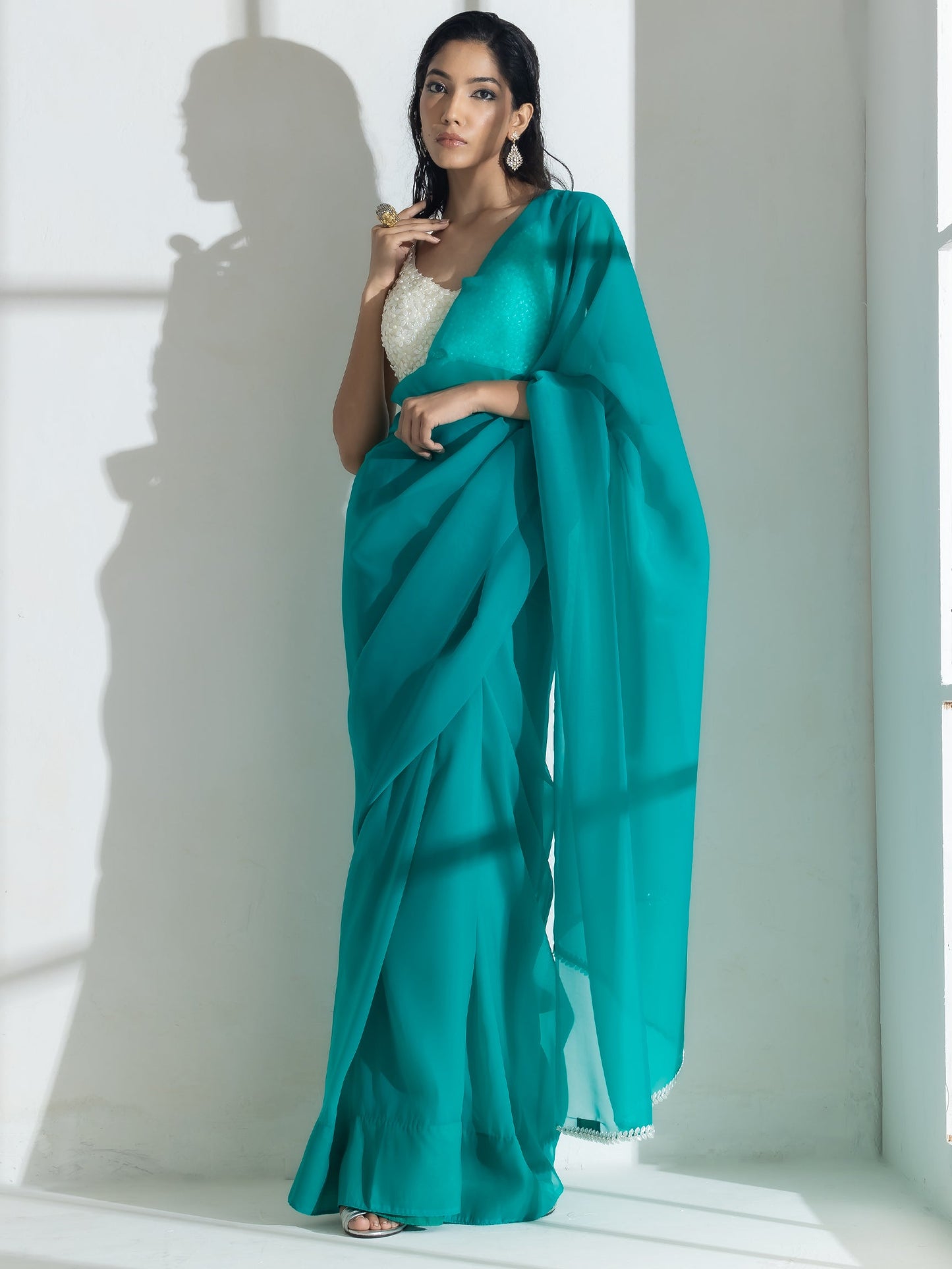Dhiyona ST Topaz Super Soft Organza Saree with Pearl Leaves