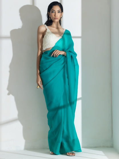 Dhiyona ST Topaz Super Soft Organza Saree with Pearl Leaves
