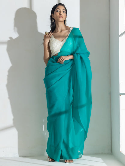 Dhiyona ST Topaz Super Soft Organza Saree with Pearl Leaves