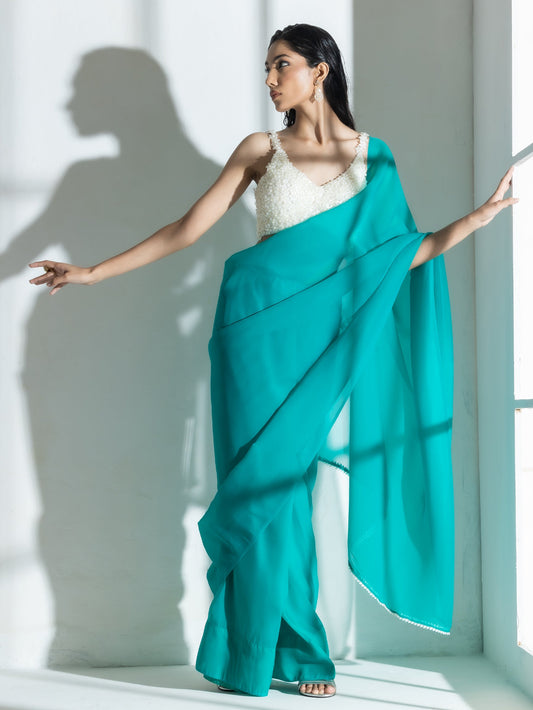 Dhiyona ST Topaz Super Soft Organza Saree with Pearl Leaves