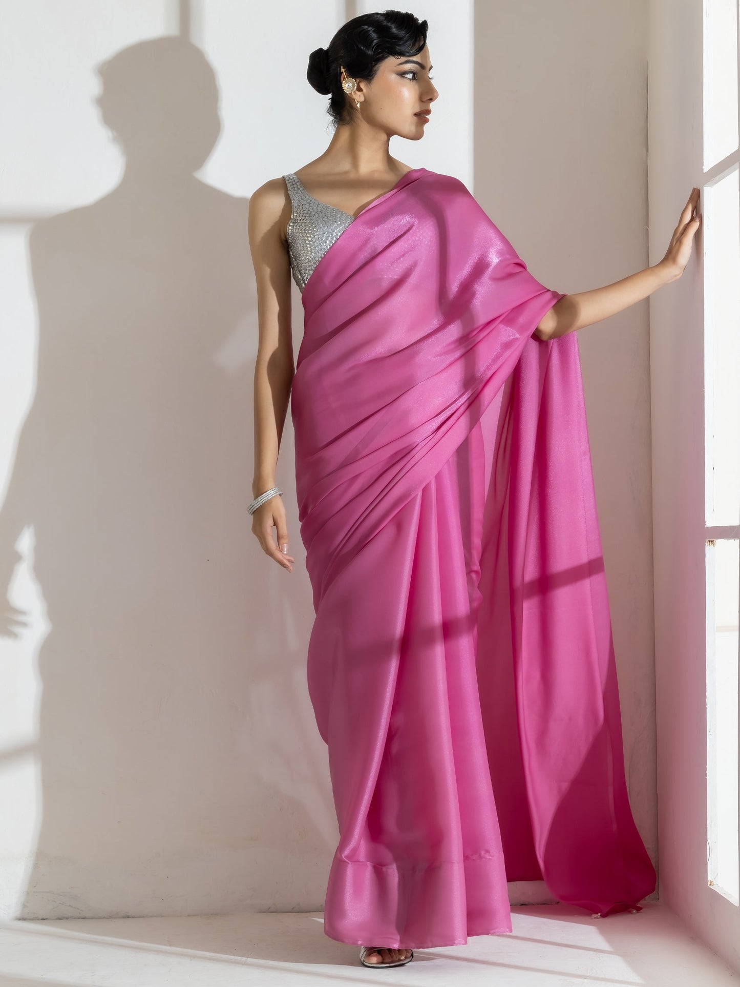 Dhiyona ST Onion Pink Silky Organza Saree with Beads and Self Blouse Fabric