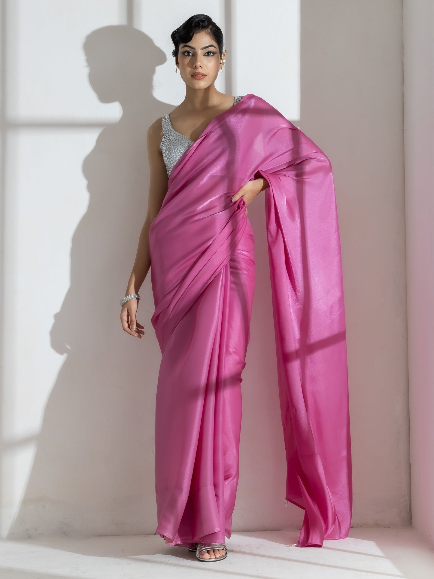 Dhiyona ST Onion Pink Silky Organza Saree with Beads and Self Blouse Fabric
