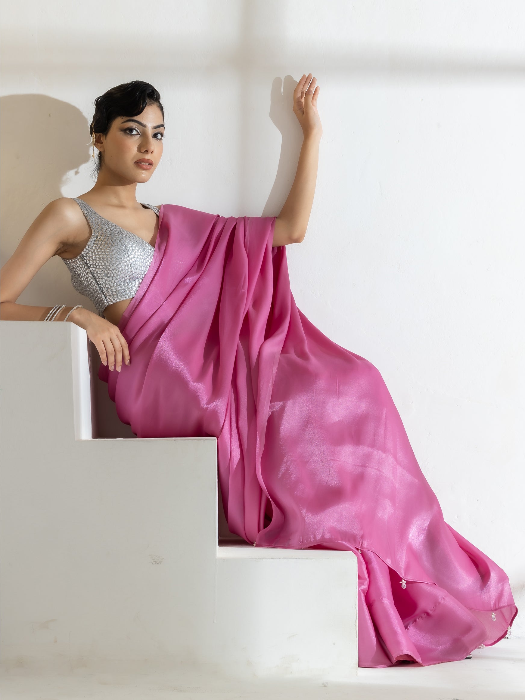 Dhiyona ST Onion Pink Silky Organza Saree with Beads and Self Blouse Fabric