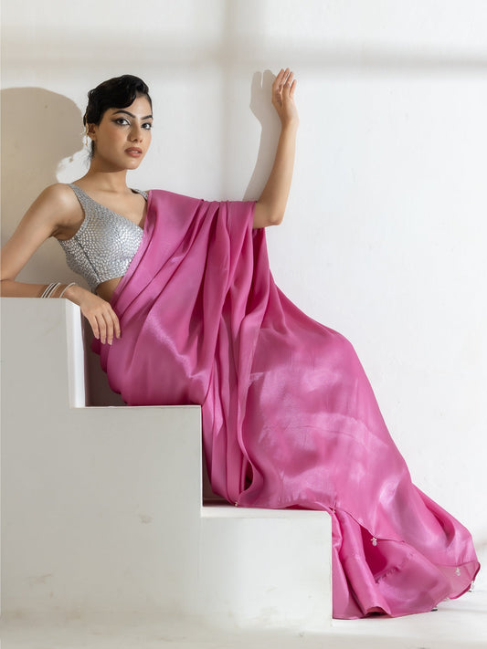 Dhiyona ST Onion Pink Silky Organza Saree with Beads and Self Blouse Fabric