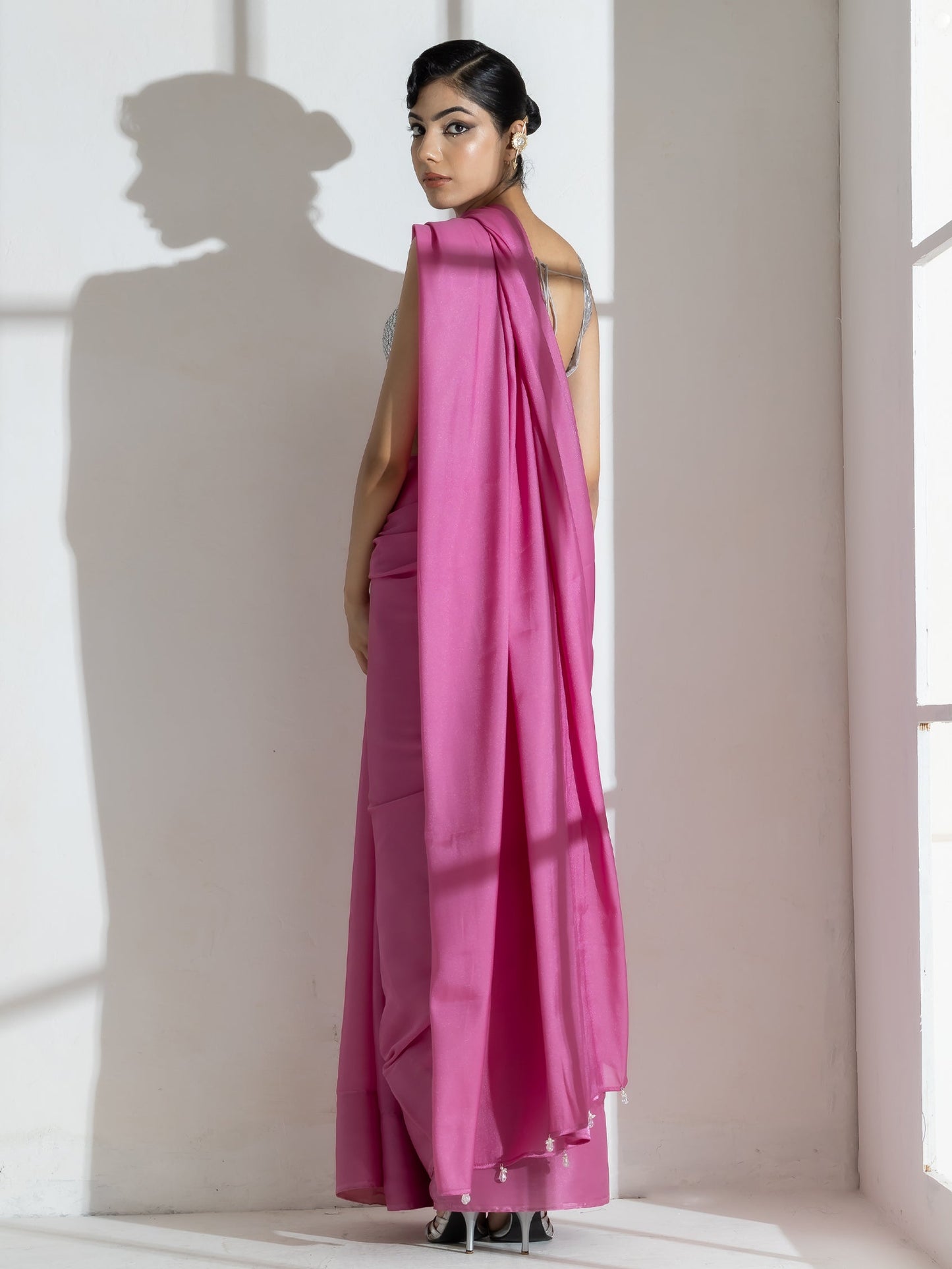 Dhiyona ST Onion Pink Silky Organza Saree with Beads and Self Blouse Fabric
