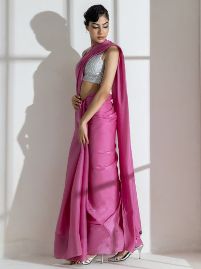 Dhiyona ST Onion Pink Silky Organza Saree with Beads and Self Blouse Fabric