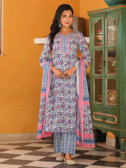 Dhiyona RR Women's Floral Printed Cotton Straight Kurta with Trousers & Dupatta