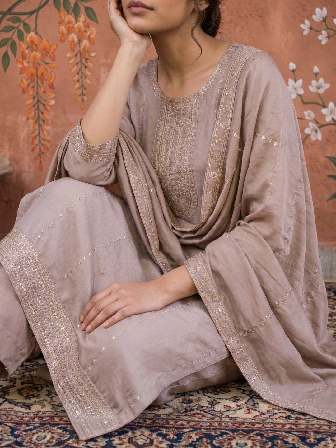 Women Ethnic Motifs Embroidered Regular Sequinned Kurta with Trousers & With Dupatta