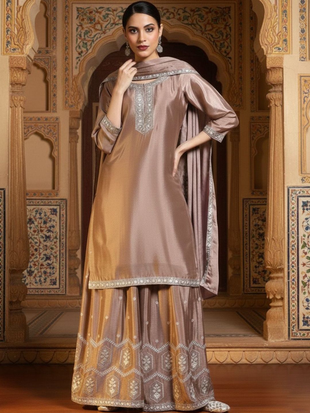 Dhiyona KL Women Ethnic Motifs Embroidered Regular Thread Work Silk Crepe Kurta with Sharara & With Dupatta