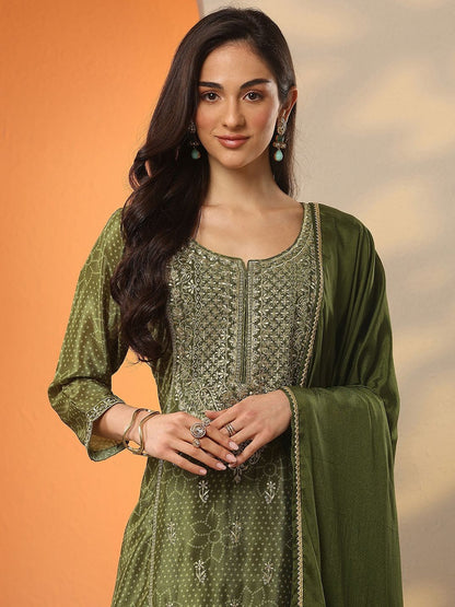 Ethnic Motifs Embroidered Thread Work Kurta With Palazzos & Dupatta
