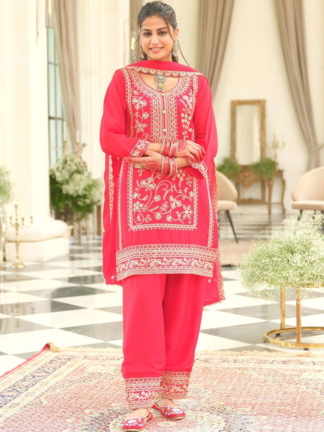 Ethnic Motifs Embroidered Round Neck Zari Kurta With Patiala & Dupatta