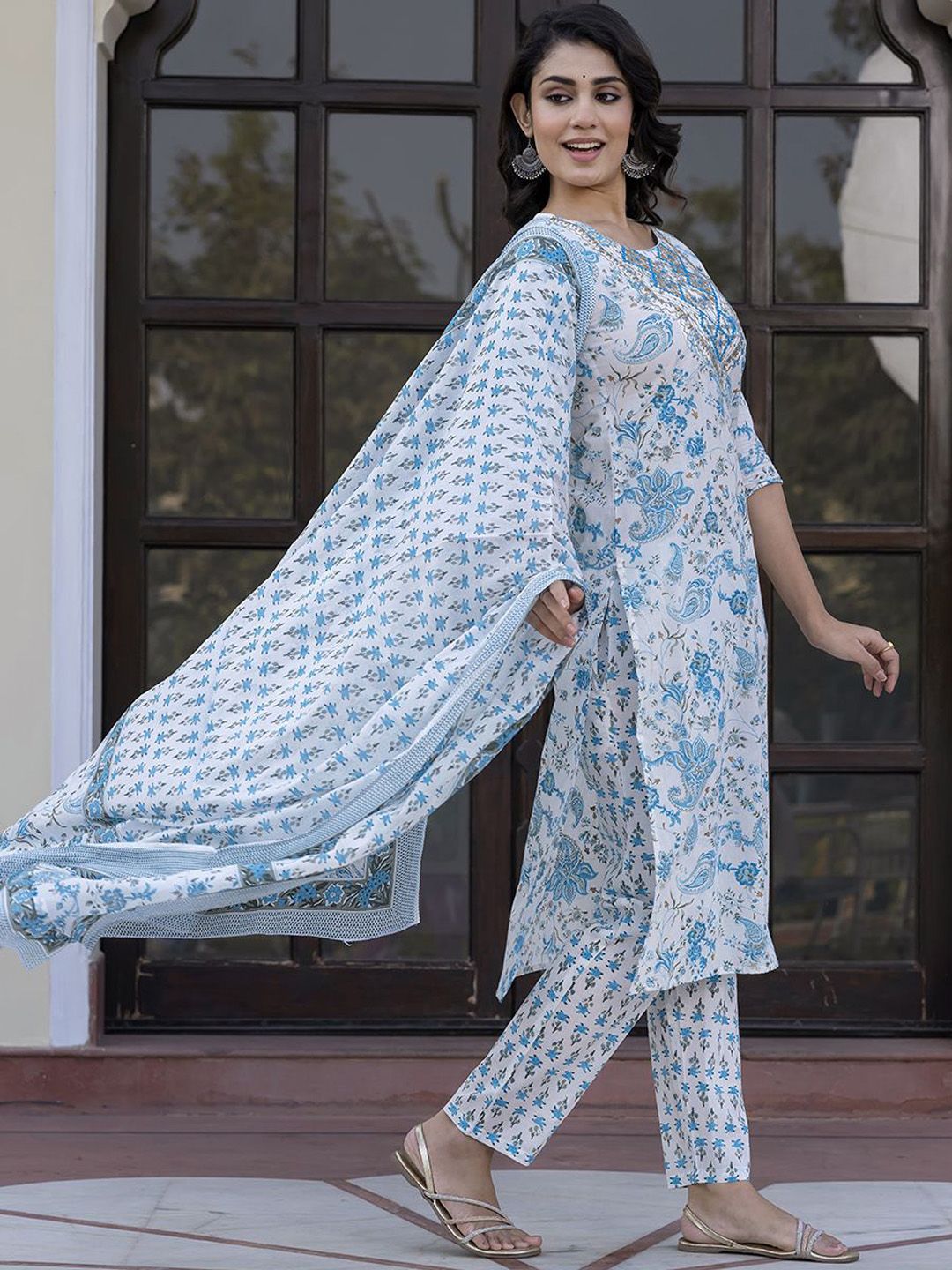 Dhiyona KL Paisley Printed Mirror Work Straight Pure Cotton Kurta With Trousers & Dupatta