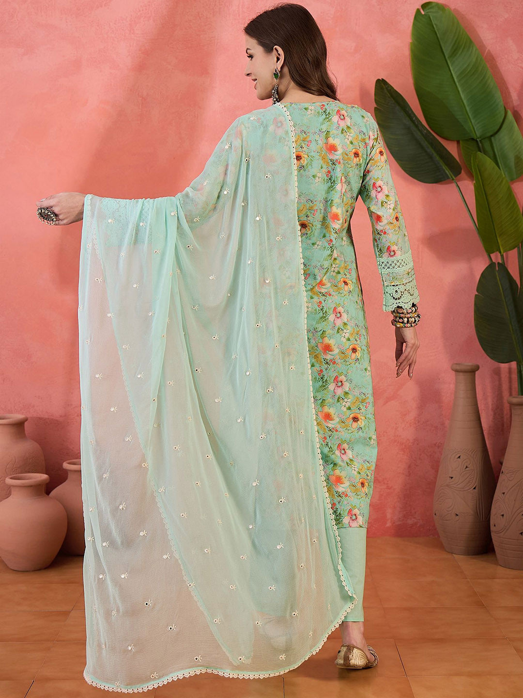 Floral Embroidered V-Neck Sequinned Cotton Straight Kurta With Trouser & Dupatta
