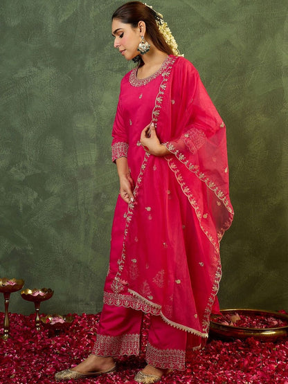 Dhiyona IE Women Ethnic Motifs Embroidered Regular Thread Work Kurta with Palazzos & With Dupatta