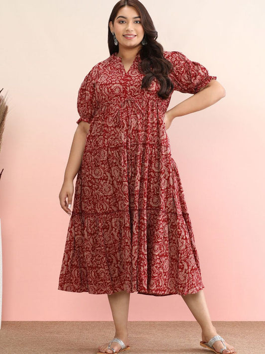 Dhiyona AY Women's Ethnic Motif Cotton Puff Sleeve Empire Plus Size Midi Dress