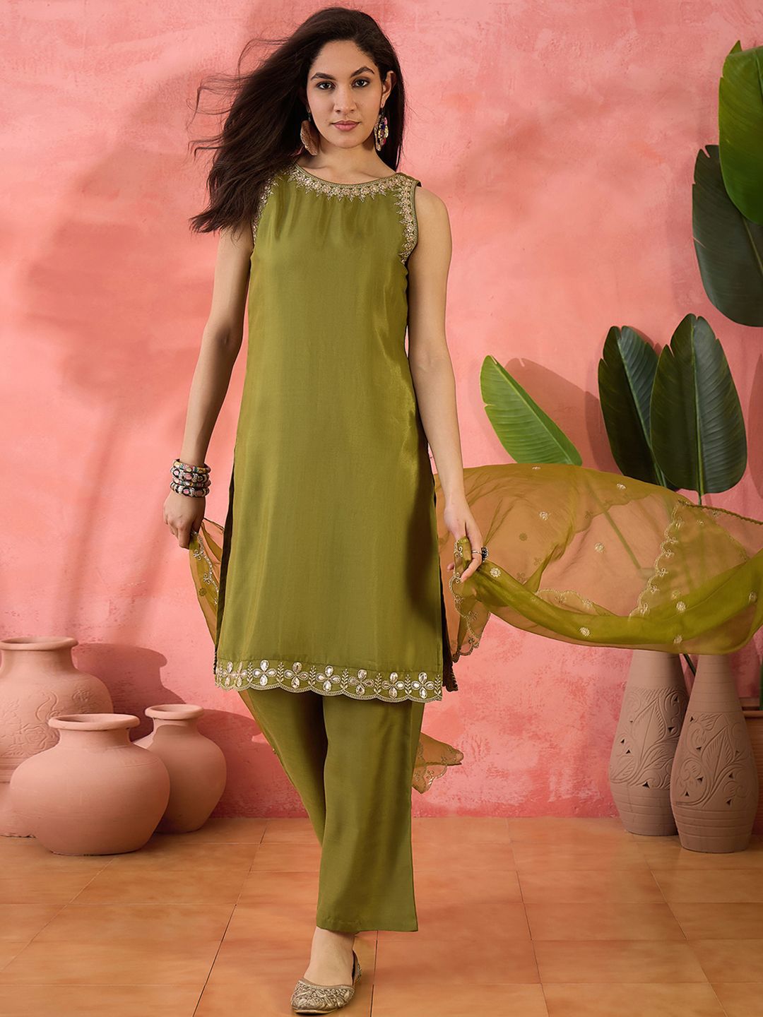 Dhiyona SN Women's Parrot Green Floral Sequinned Round Neck Straight Kurta With Palazzos And Dupatta