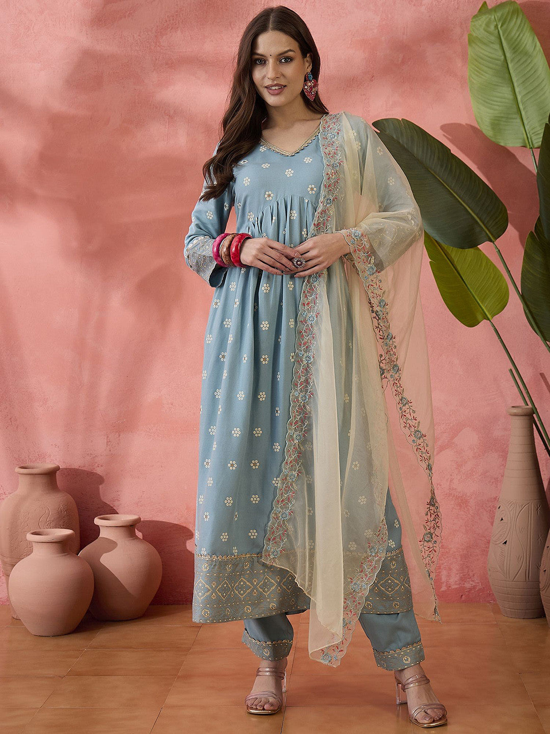 Bandhani Printed V-Neck Thread Work Anarkali Kurta Trousers & Dupatta