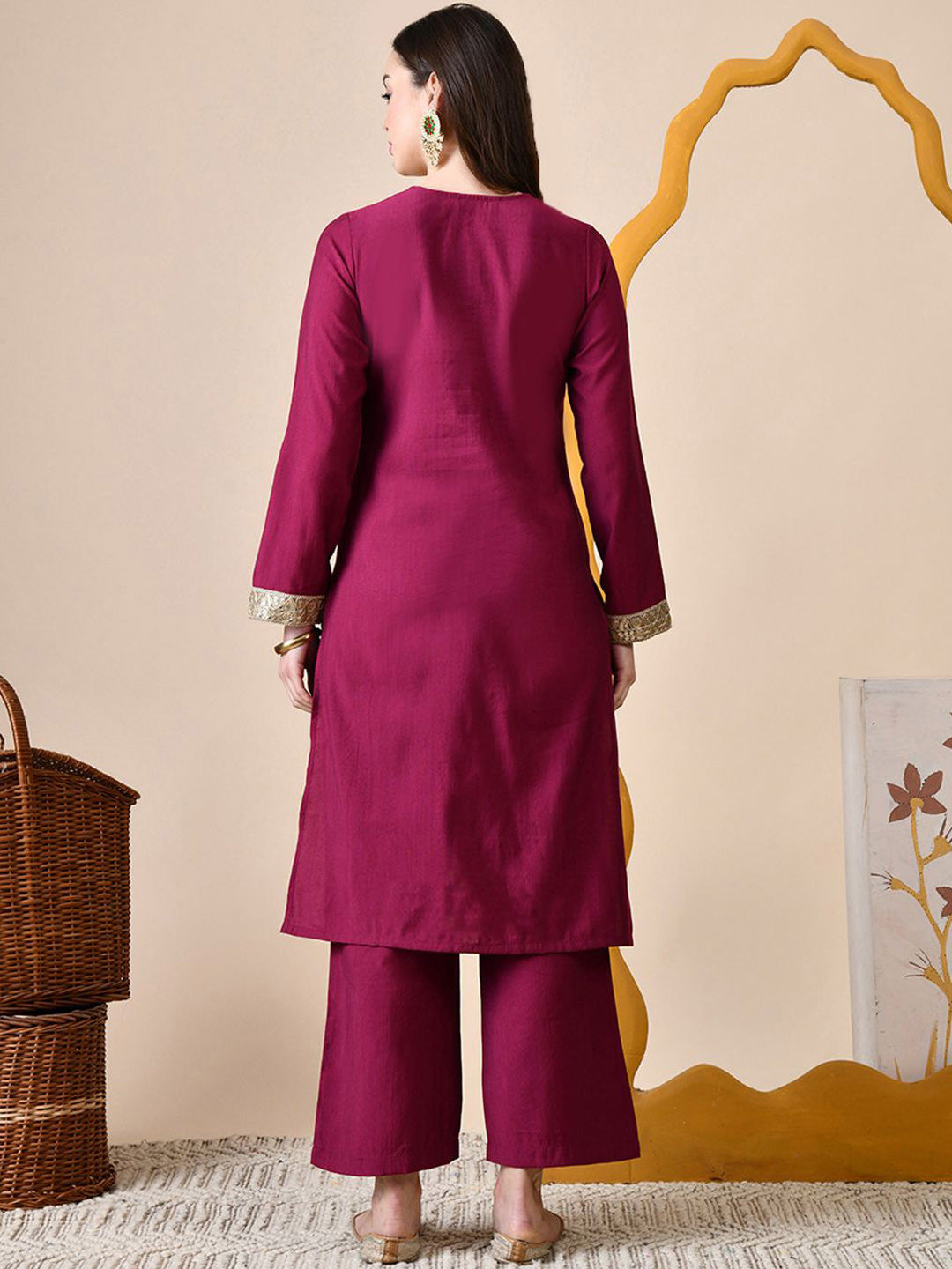 Women Solid Embroidered Sequinned Patchwork Kurta Set