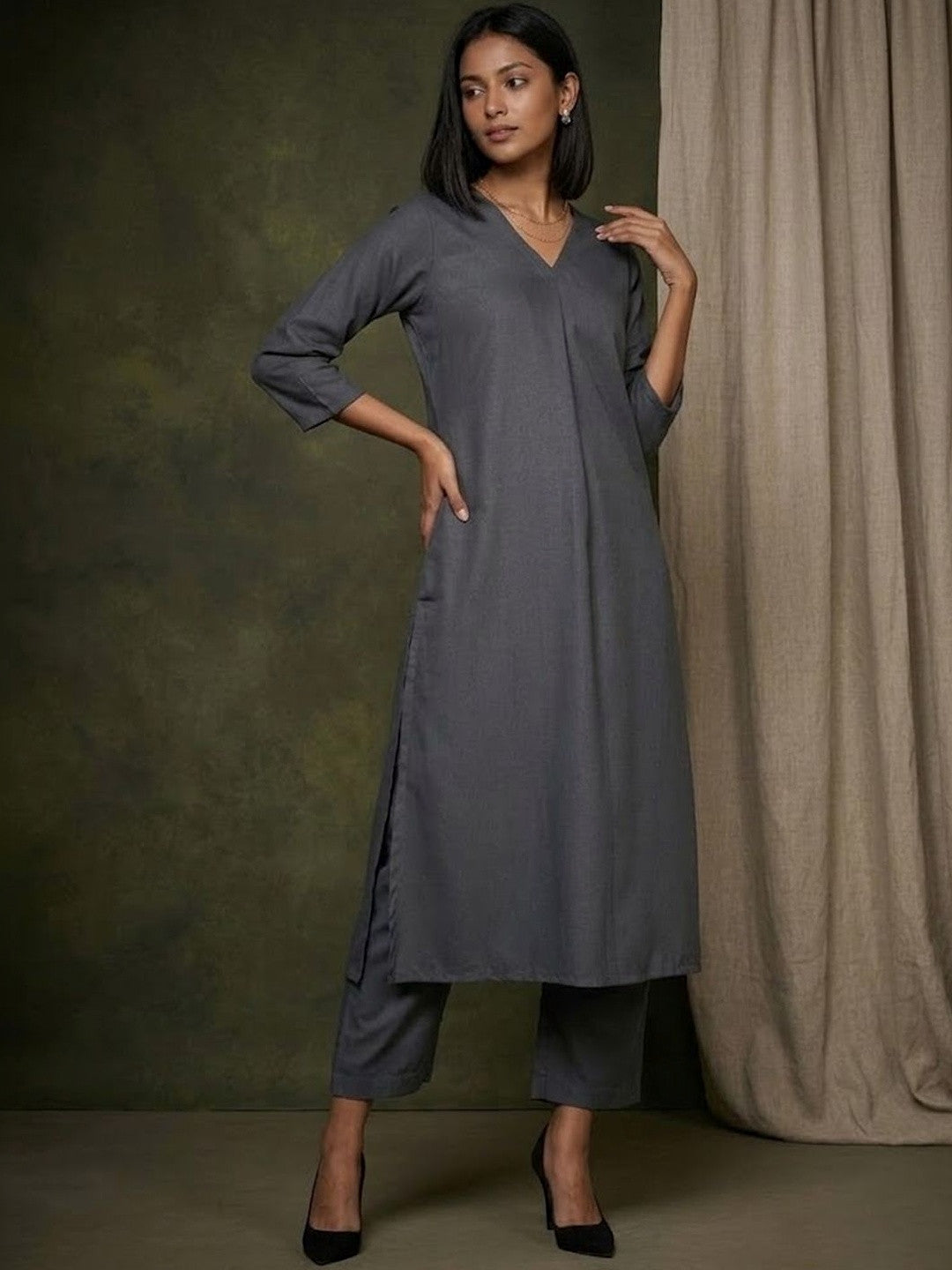 V-Neck A-Line Kurta & Trousers