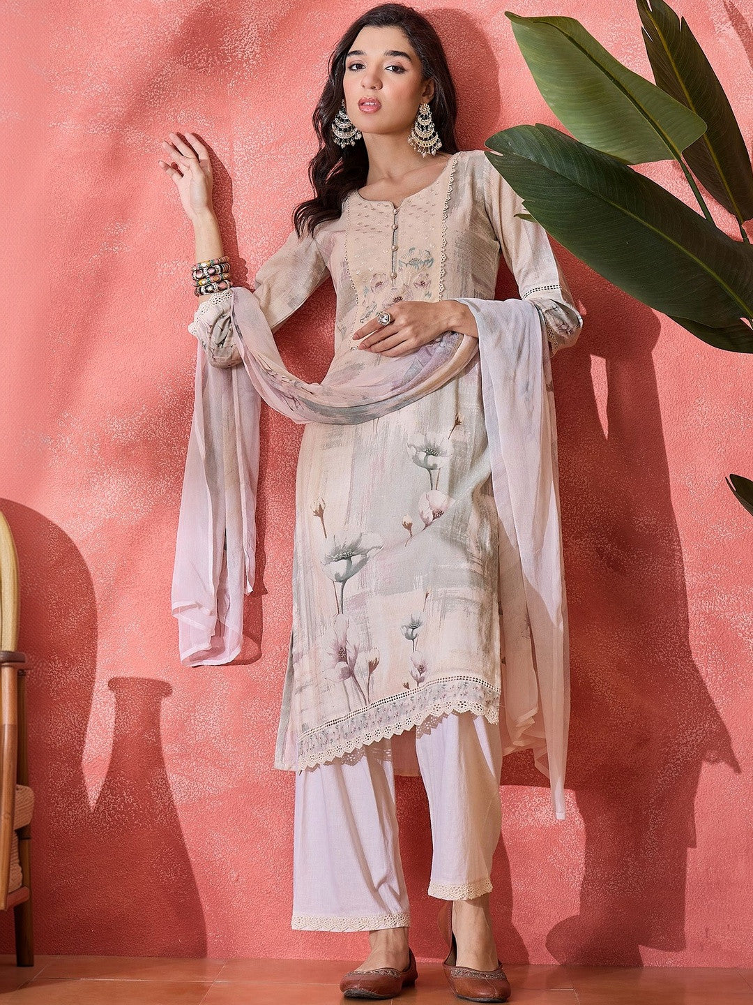Dhiyona SN Embroidered Pure Cotton Round Neck Kurta & Trousers Kurta Set