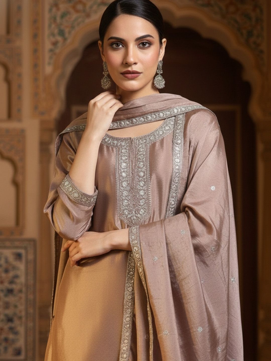 Dhiyona KL Women Ethnic Motifs Embroidered Regular Thread Work Silk Crepe Kurta with Sharara & With Dupatta