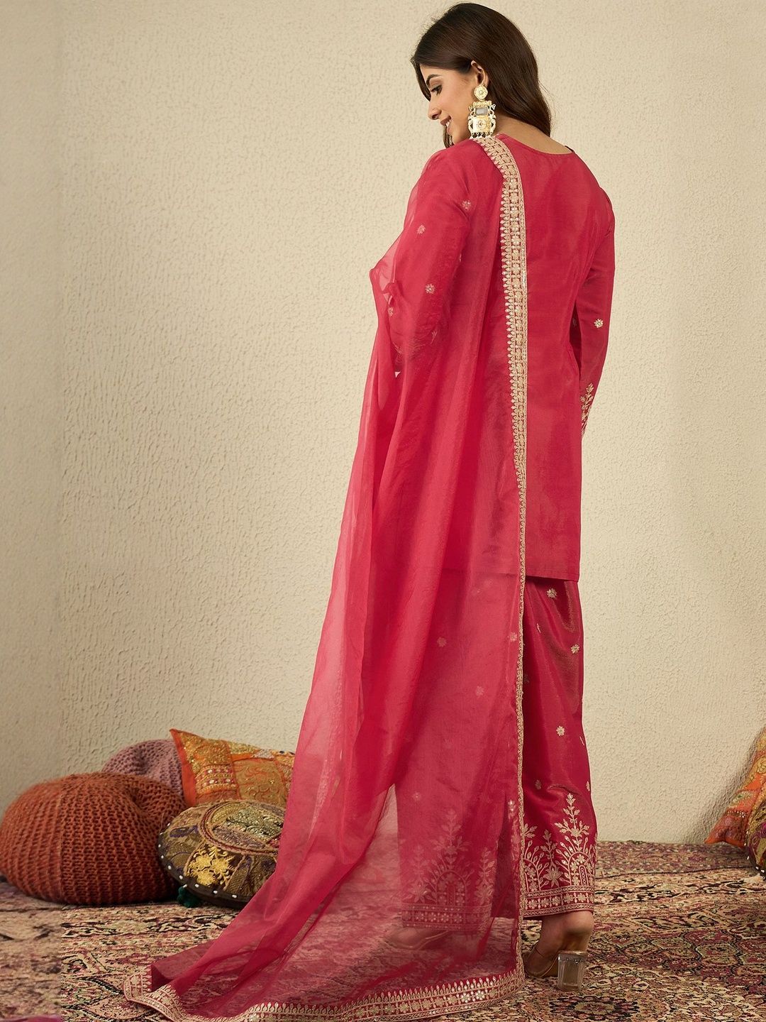 Dhiyona IN Women Floral Zari and Sequinned Embroidered Kurta Set with Dupatta