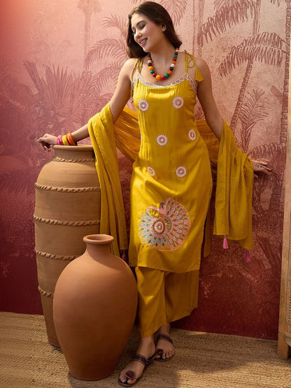 Embroidered Pure Cotton Shoulder Straps Kurta & Trousers With Dupatta