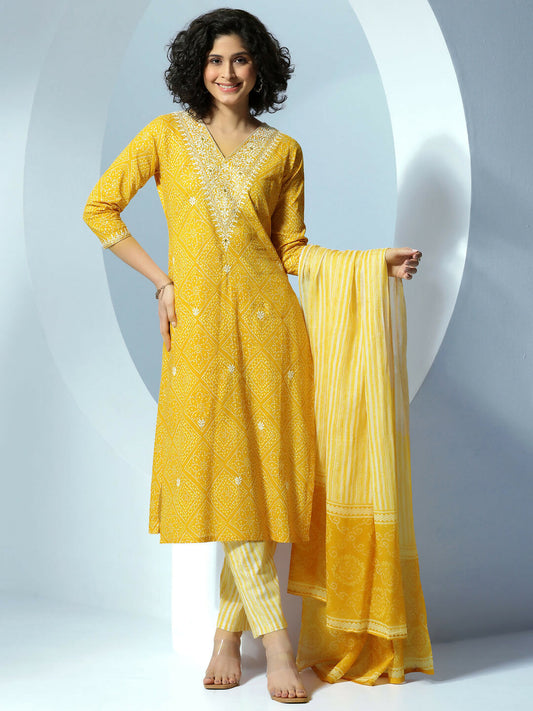 Women's LB Mustard Printed Cotton Straight Suit With Dupatta