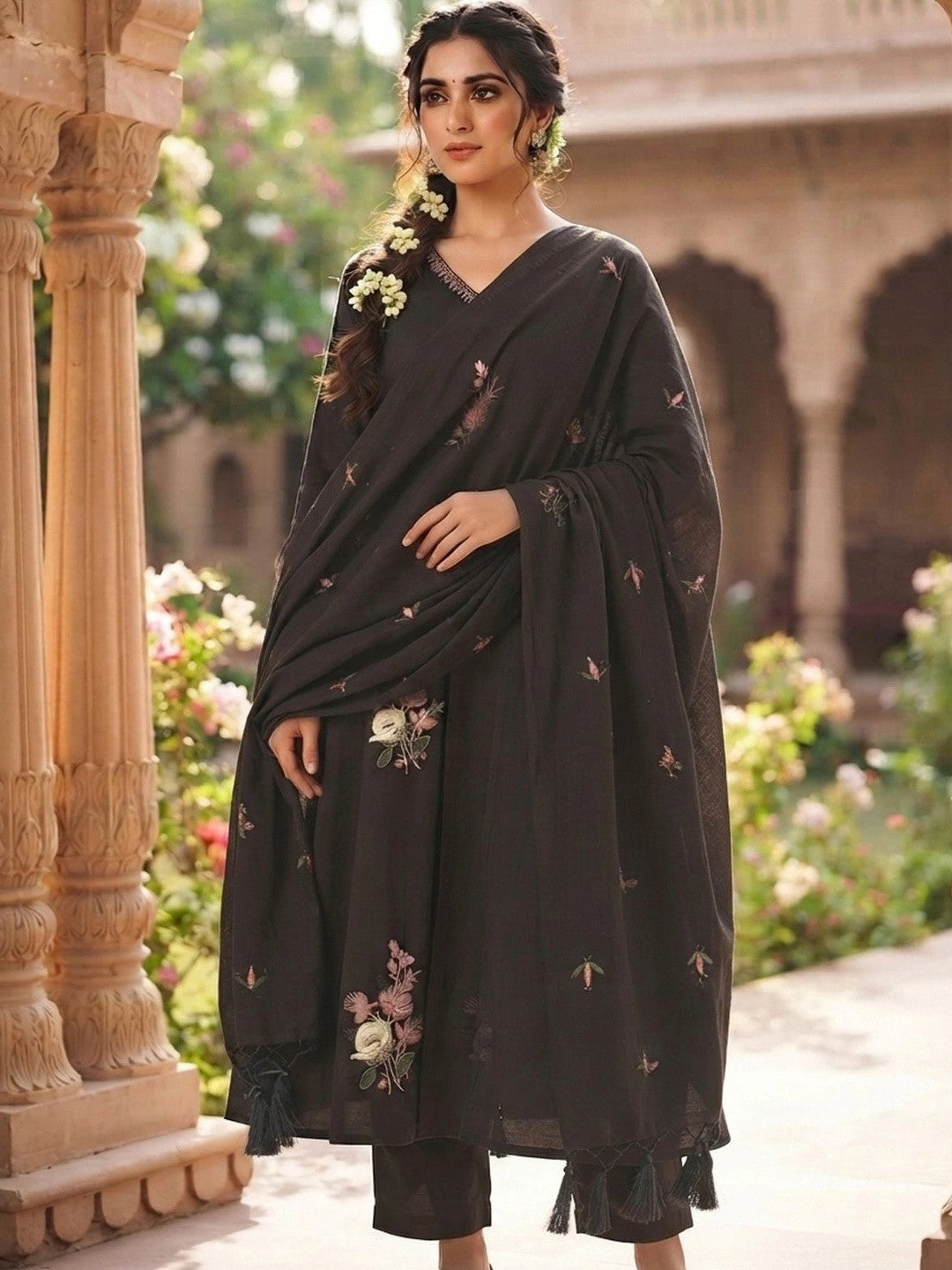 Women Floral Embroidered Regular Thread Work Pure Cotton Kurta with Palazzos & With Dupatta