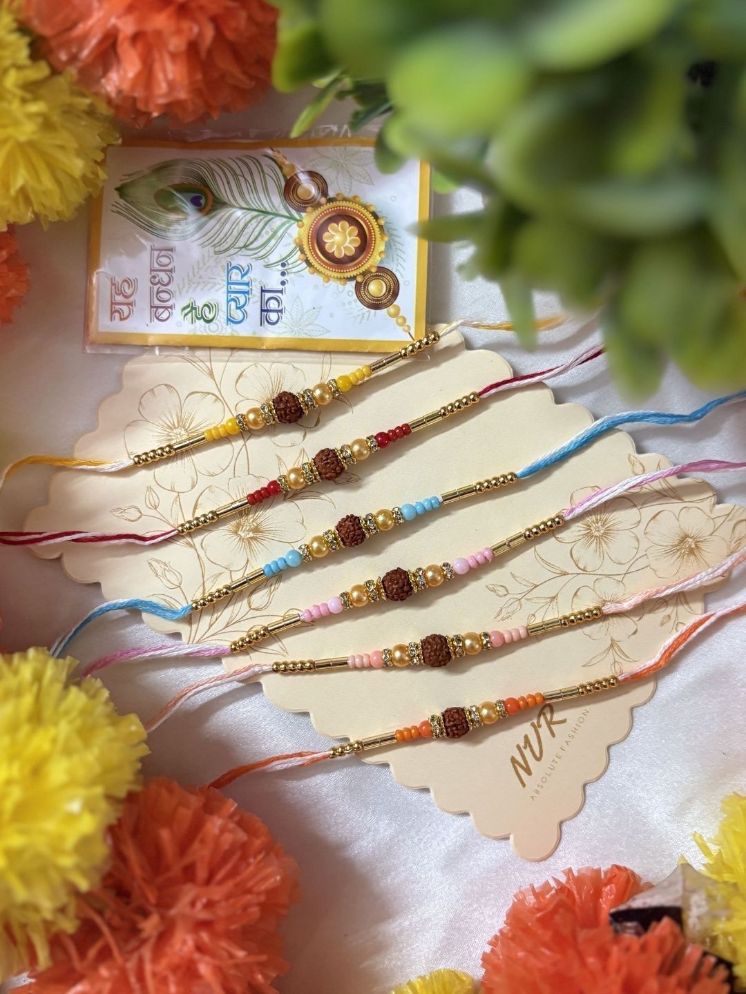 Dhiyona Set Of 6 Rudraksh & Artificial Beads Thread Rakhi With Roli Chawal Chandan Mishri