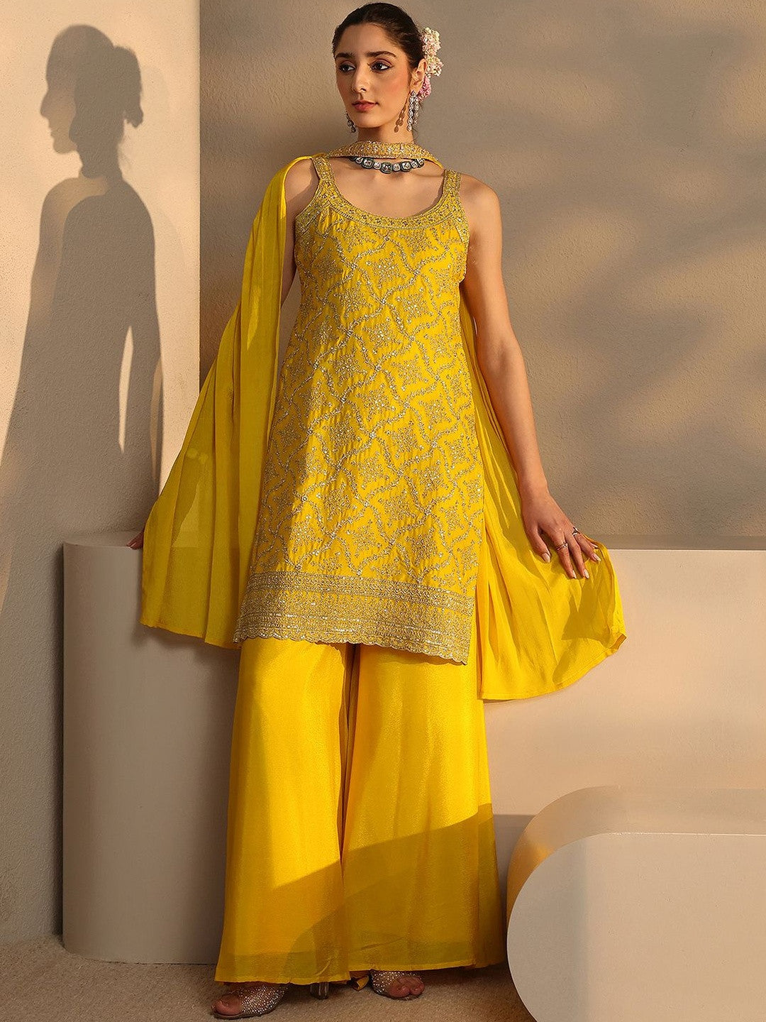 Women Ethnic Motifs Embroidered Regular Sequinned Kurta with Palazzos & With Dupatta